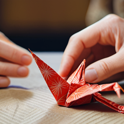 **Image Prompt:** Close-up shot of hands meticulously crafting a delicate origami crane from vibrant washi paper, soft, diffused lighting, shallow depth of field, focus on the intricate folds, background blurred with subtle Japanese patterns.