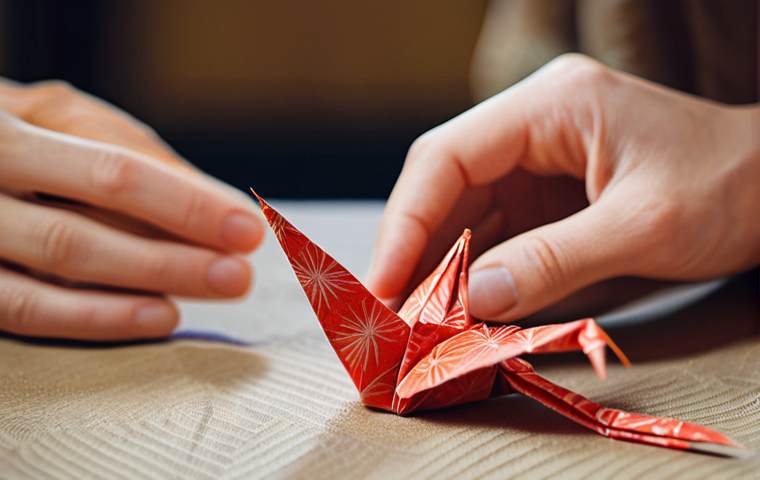**Image Prompt:** Close-up shot of hands meticulously crafting a delicate origami crane from vibrant washi paper, soft, diffused lighting, shallow depth of field, focus on the intricate folds, background blurred with subtle Japanese patterns.