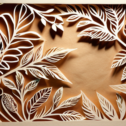 **Prompt:** Intricate Kirie (paper cutting) artwork featuring delicate natural motifs (leaves, flowers) on Washi paper, illuminated by soft, warm light emphasizing texture.
