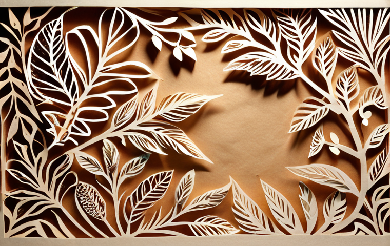 **Prompt:** Intricate Kirie (paper cutting) artwork featuring delicate natural motifs (leaves, flowers) on Washi paper, illuminated by soft, warm light emphasizing texture.