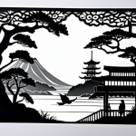 **Intricate Kirie (paper cutting) art**: A detailed and delicate paper cutting depicting a traditional Japanese scene or motif, emphasizing the contrast between black and white and showcasing the depth created by light and shadow.