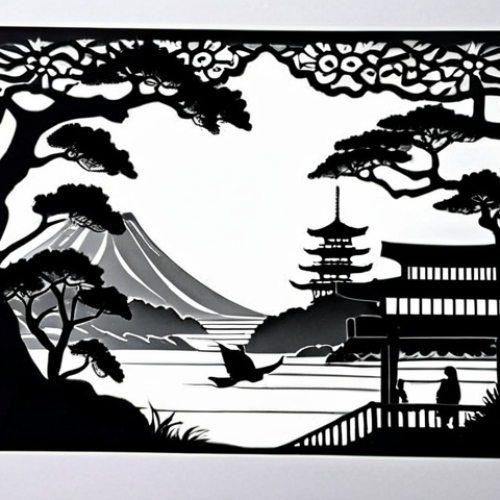 **Intricate Kirie (paper cutting) art**: A detailed and delicate paper cutting depicting a traditional Japanese scene or motif, emphasizing the contrast between black and white and showcasing the depth created by light and shadow.