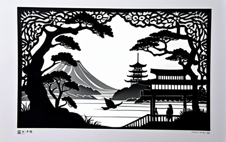 **Intricate Kirie (paper cutting) art**: A detailed and delicate paper cutting depicting a traditional Japanese scene or motif, emphasizing the contrast between black and white and showcasing the depth created by light and shadow.