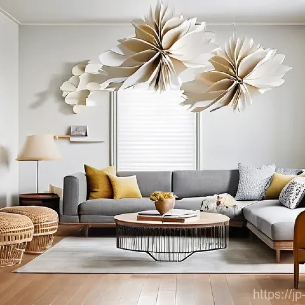 종이공예의 실용적 활용 - **Modern Paper Art in a Serene Living Space:**
    A minimalist, sunlit living room featuring sophis...