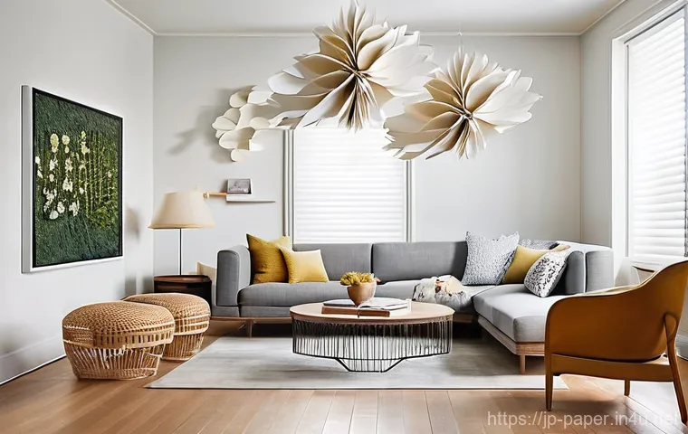 종이공예의 실용적 활용 - **Modern Paper Art in a Serene Living Space:**
    A minimalist, sunlit living room featuring sophis...