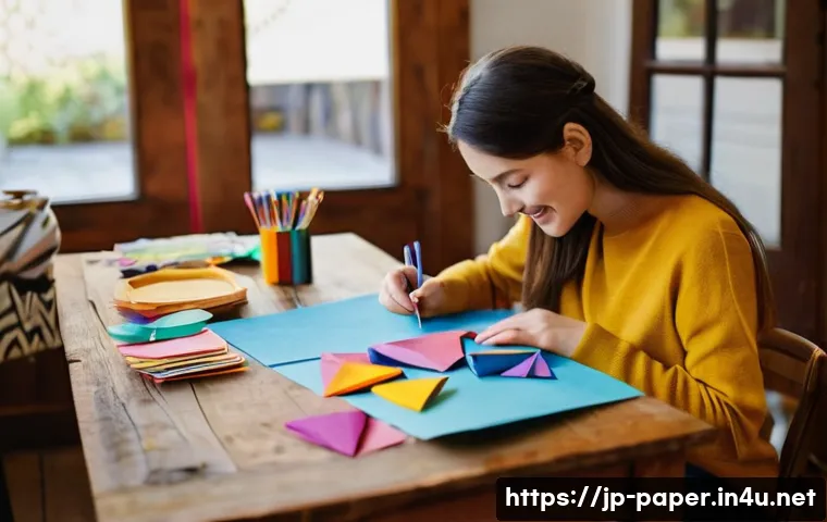 종이공예 판매 사이트 - **Joyful Paper Crafting Experience:** A young adult (aged 15-25) woman with a warm, focused, and joy...