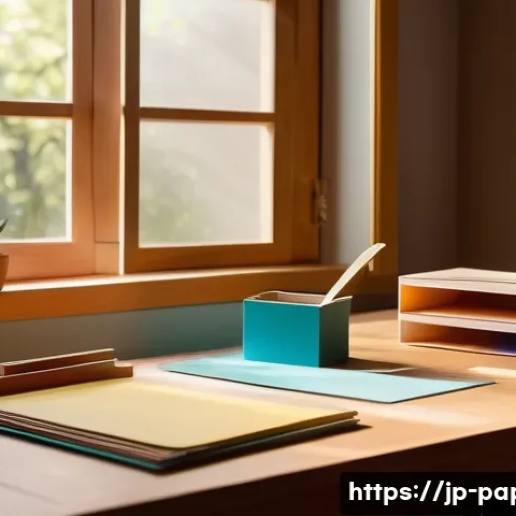 페이퍼 아트 창작 - A cozy and inviting workspace filled with vibrant colored paper sheets, scissors, cutting mats, and ...
