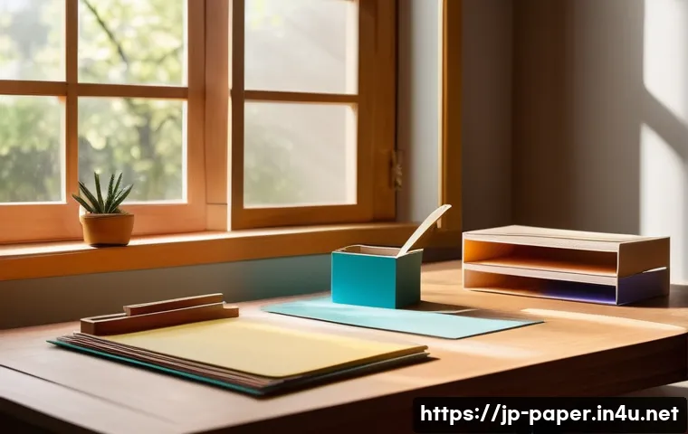 페이퍼 아트 창작 - A cozy and inviting workspace filled with vibrant colored paper sheets, scissors, cutting mats, and ...