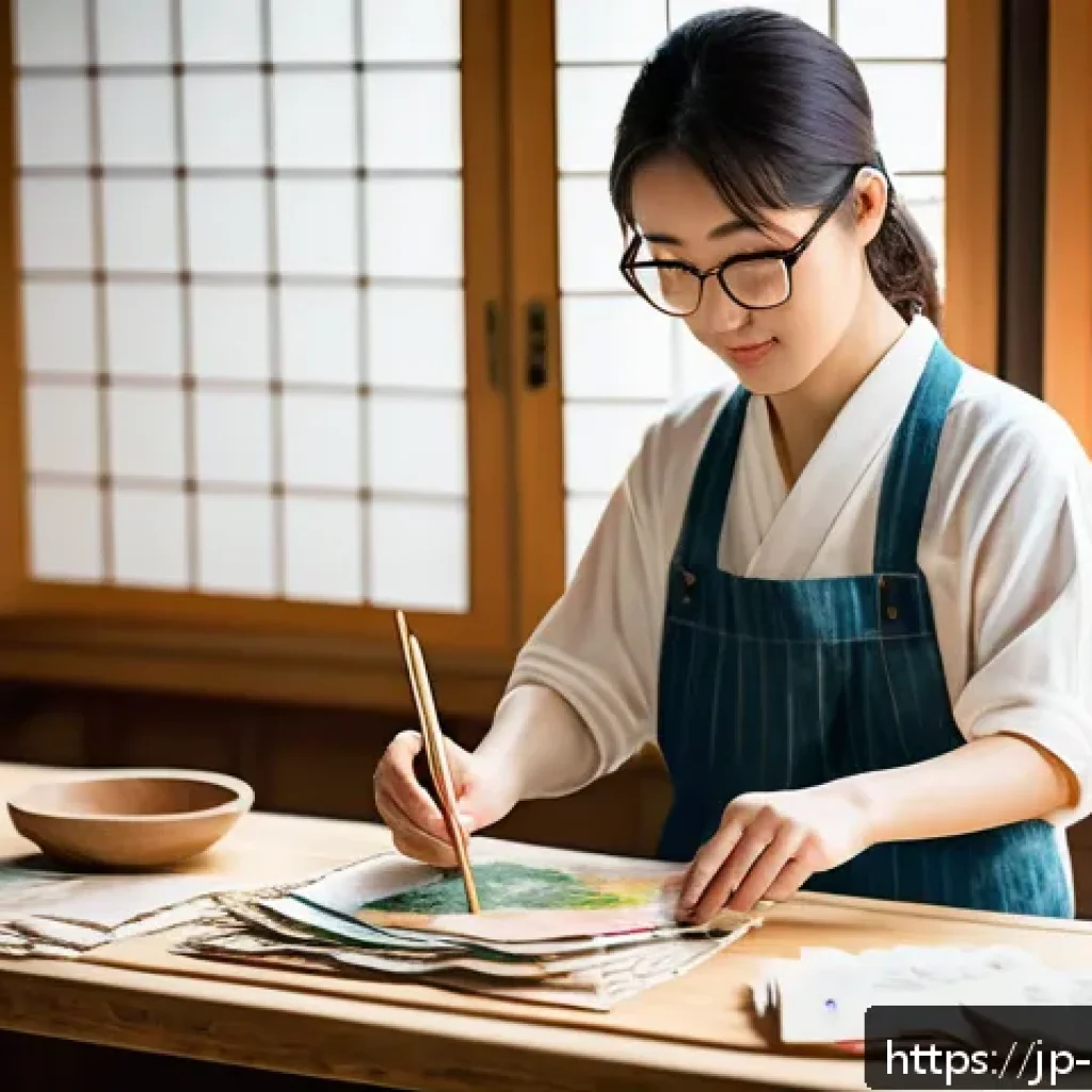 종이공예 업사이클링 프로젝트 - A cozy Japanese craft room scene with a young adult woman wearing a light casual outfit and glasses,...
