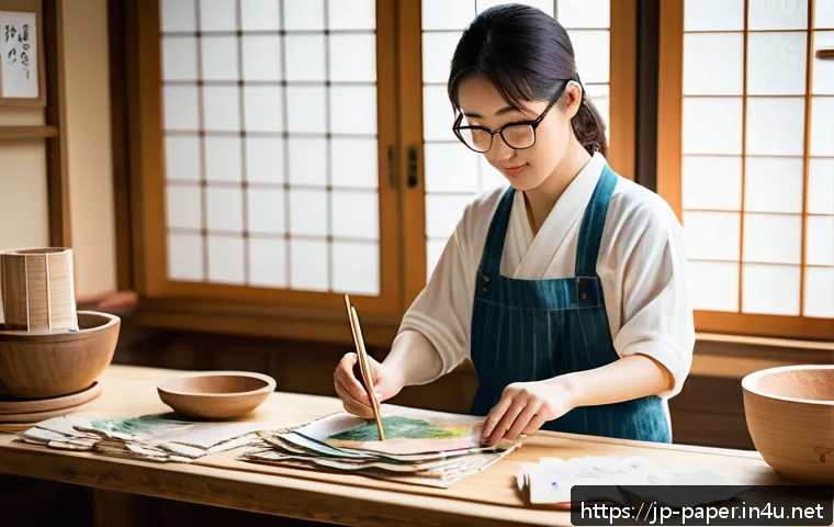 종이공예 업사이클링 프로젝트 - A cozy Japanese craft room scene with a young adult woman wearing a light casual outfit and glasses,...