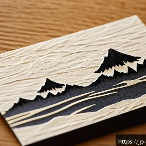 종이공예 마케팅 전략 - A close-up image of a handcrafted business card made from traditional Japanese washi paper, featurin...