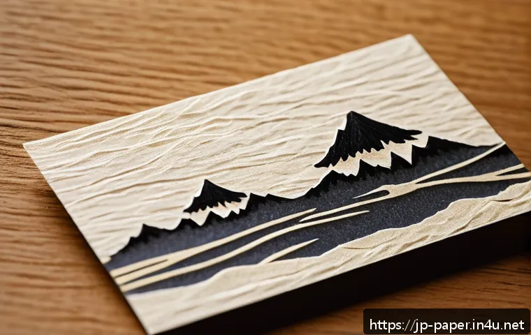 종이공예 마케팅 전략 - A close-up image of a handcrafted business card made from traditional Japanese washi paper, featurin...