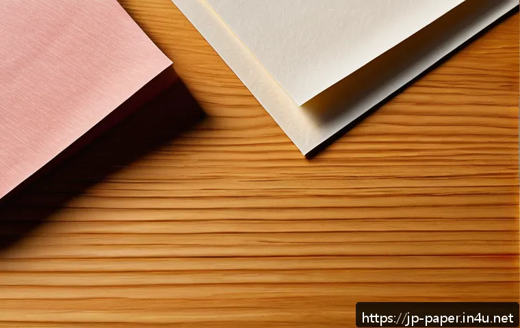 종이의 색상과 질감 - A close-up image of various types of paper textures arranged artistically on a wooden table, featuri...