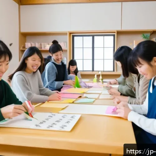 종이공예 오프라인 클래스 - A cozy, small paper crafting classroom in Japan with a warm atmosphere, featuring a friendly instruc...