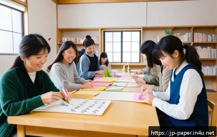 종이공예 오프라인 클래스 - A cozy, small paper crafting classroom in Japan with a warm atmosphere, featuring a friendly instruc...
