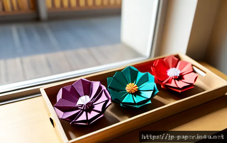 종이공예 소품 판매 아이템 - Photorealistic tabletop product scene of handmade Japanese paper craft items for sale: delicate orig...